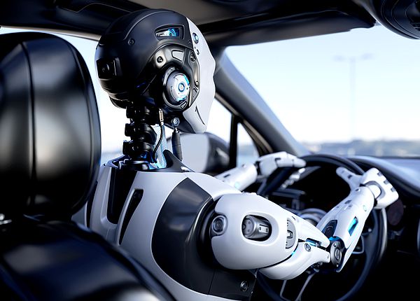 Robot conduisant une voiture électrique contrôlée par IA