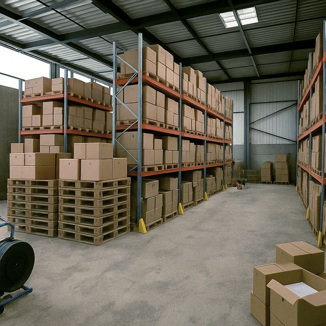 Vue d'une partie de l'entrepôt de stockage des bornes EV Wallboxpro SAS à Calais